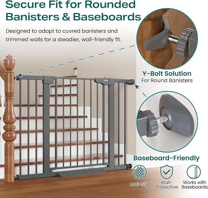 Cumbor 30-46" Baby Gate for Stairs, Auto-Close Dog Gate Indoor, Mom's Choice Awards Winner-Easy Install Pressure Mounted Pet Gates for Doorways, Dual Lock Safety Proofing for Babies & Pets, Cool Gray