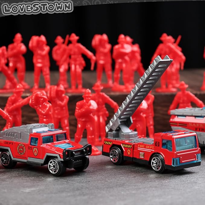 LovesTown 50PCS Fire Truck Toy Set, 6PCS Die-cast Small Rescue Emergency Vehicles Red Fire Trucks 44PCS Firemen Toy Figures for Kids Boys Birthday