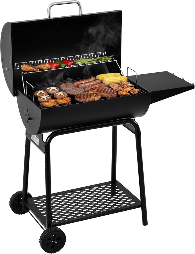 Royal Gourmet CC1830 28 Inch Barrel Charcoal Grill with Warming Rack | Outdoor BBQ Grill with 626 Sq. In. Grilling Space, Side Shelf, for Backyard, Patio and Parties, Black