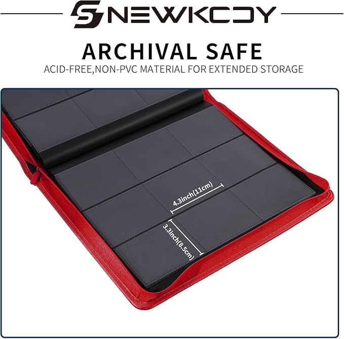 Snekdy Top loader Binder, 9 Pockets Top Loader，Holds 360 Top Loaders cards, Card binder with Sleeves for card in 3 x 4 inches color smooth Zipper PU Leather (Red)