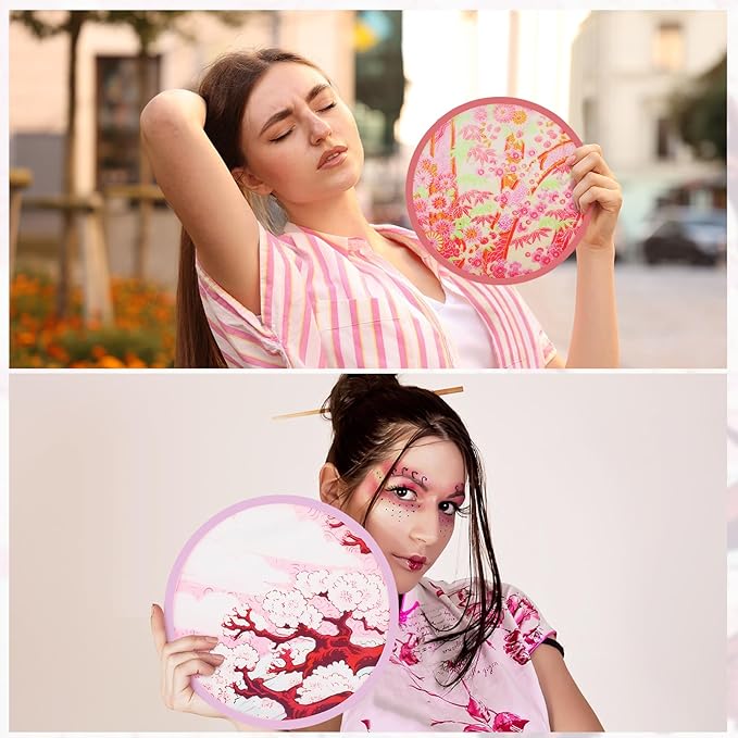 Gejoy 104 Pcs Foldable Japanese Style Summer Flower Handheld Round Fan for Women Men Daily Use Festival Wedding Party Favors Decorations Portable, 8 Styles