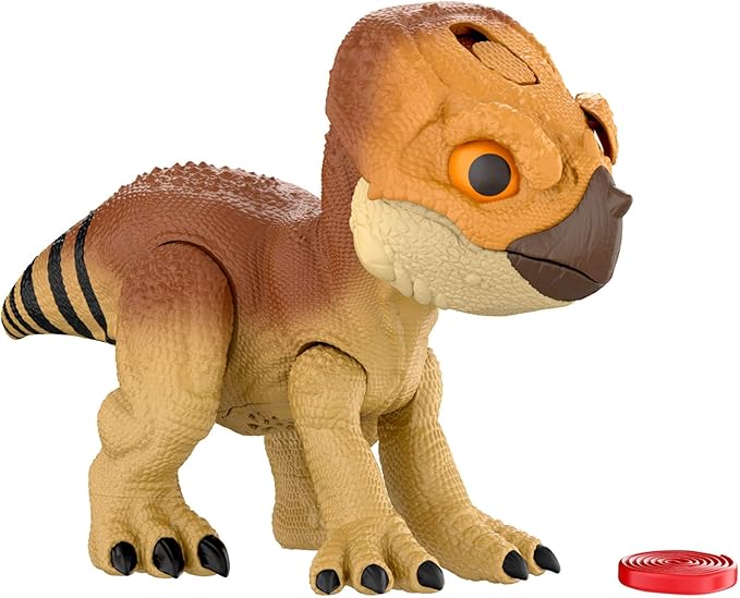 Mattel Jurassic World Rebirth Primal Protector Aquilops Dolores Interactive Dinosaur Toy with Attack Action & Sounds, Pet-Style Electronic Figure with Food Accessory