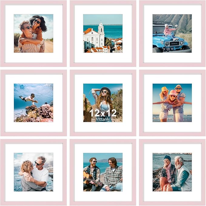Vittanly 12x12 Picture Frames Set of 9 for Wall Mounting, Pink | Display Pictures 8x8 with Mat or 12x12 without Mat for Wall Mounting, Square Photo Frames for Home Decor, Engineered Wood