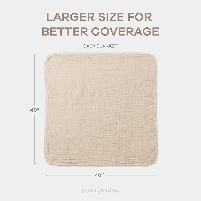 Comfy Cubs Muslin Baby Blanket 40" x 40" L - Swaddle Blankets, Sand | Soft, Lightweight, 6-Layer Cotton Breathable Baby Blankets - Comfortable, Gentle & Versatile Cotton Baby Blankets for Sleep