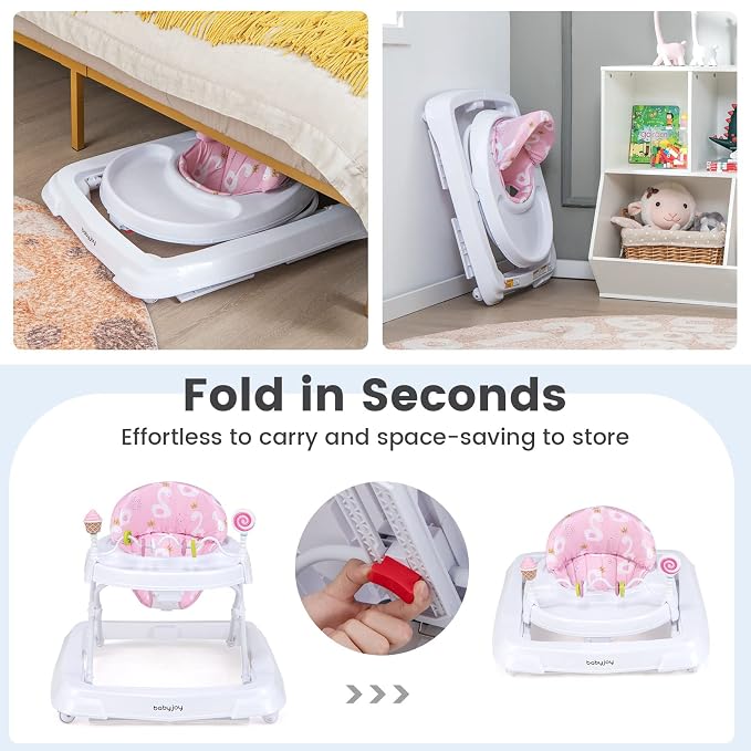 BABY JOY Baby Walker, Foldable Activity Walker with Adjustable Height, Large Tray & Removable Toys, Baby Walker with Wheels for Boys Girls 6-18 Months (Pink, Swan Pattern)