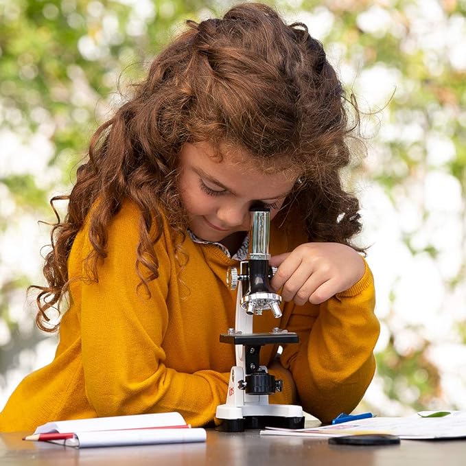 AmScope M30 Series 52-Piece STEM Microscope Kit for Kids - Monocular, Portable Compound Microscope for Kids - Includes The World of The Microscope, Petri Dish, Slides & More - White