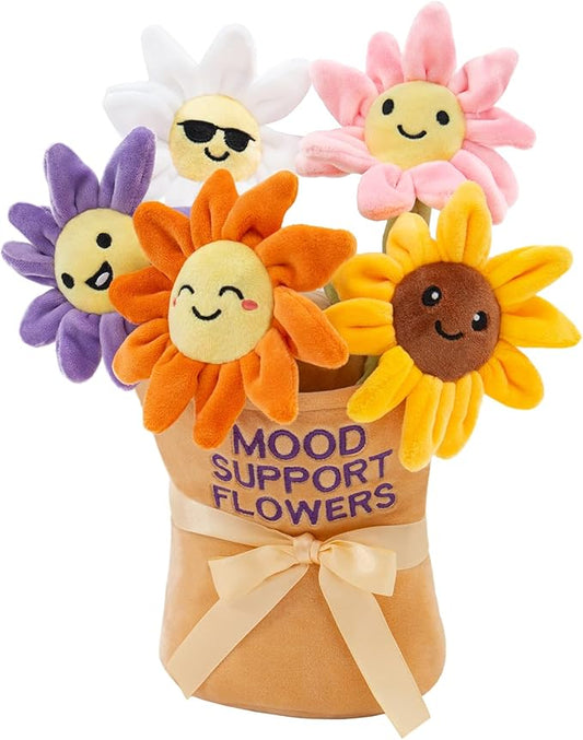 Mood Support 5 Bendable Flower Plush Bouquet in Basket| Emotional Encouraging Support Stuffed Animals Toys, Squishy Daisy & Sunflower Stems | Valentine's Day Gifts for Her, Wife, Girlfriend