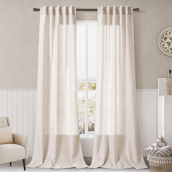 Beige Linen Curtains 96 Inches Long 2 Panels Back Tab Sheer Linen Curtain Modern Farmhouse Coastal Decor Cotton Textured Gauze Curtains 96 Inch Length for Patio Sliding Door Office Bedroom 36x96