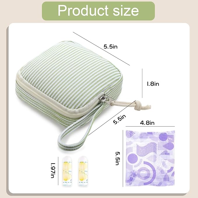 Corduroy Period Pouch for Women, Cute Sanitary Pad Pouch with Zipper, Portable Tampon Holder for Purse, Sanitary Napkin Storage Bag for Travel (Stripes Green White)