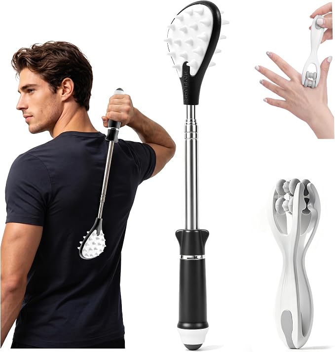 WOVTE Extendable Back Scratcher and Finger Massager Roller Combo – 23.5" Back Scratcher for Men Women with Dual Heads & Silicone Finger Massager for Arthritis, Hand Pain Relief – Gifts for Men Women