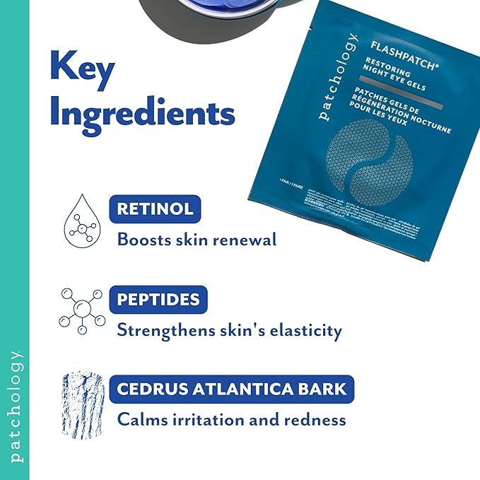 Patchology FlashPatch Restoring Night Eye Gel Patches with Retinol, Squalane & Peptides – Hydrogel Under Eye Masks for Fine Lines, Dark Circles & Puffiness – Overnight Eye Care (5 Pairs)