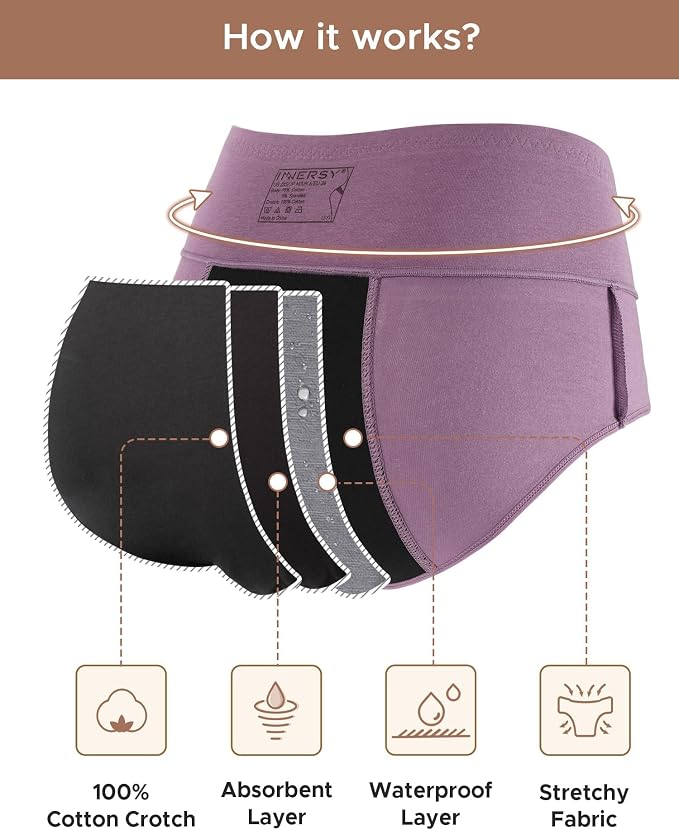 INNERSY Period Underwear for Women Leakproof High Waisted Menstrual Cotton Panties 3 Pack