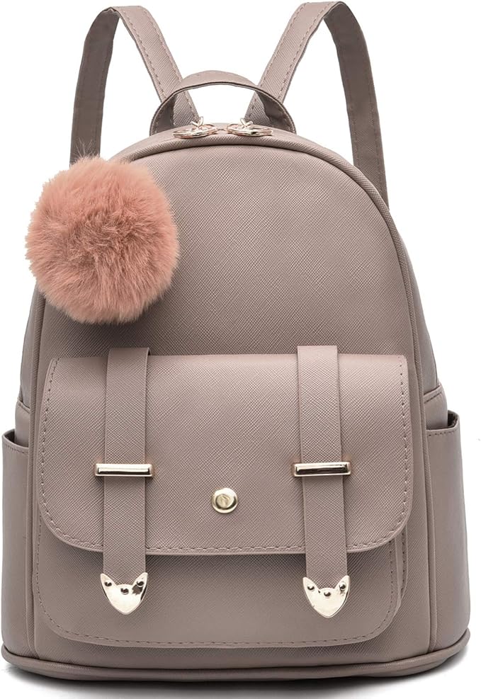 I IHAYNER Girls Fashion Backpack Mini Backpack Purse for Women Teenage Girls Purses PU Leather Pompom Backpack Shoulder Bag