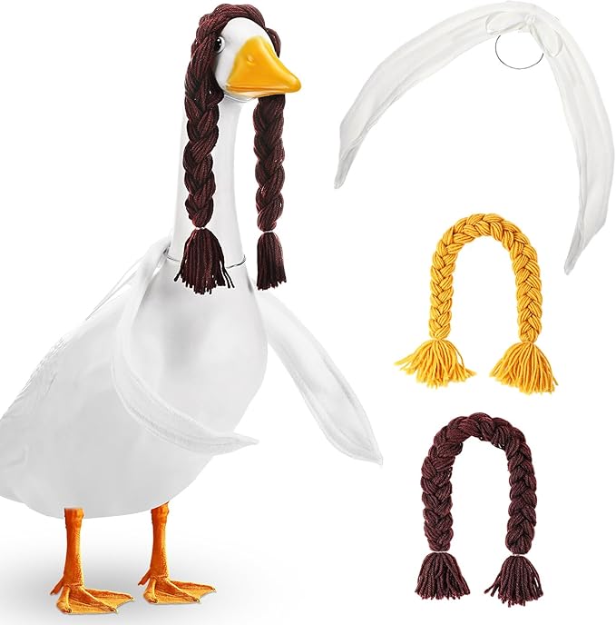 4 Pcs Poseable Goose Wings with Wigs Porch Goose Outfit Accessories Cute Goosey Braid Wigs White Poseable Wings for 23/17'' Outdoor Patio Yard Lawn Art Decoration(Farmhouse)