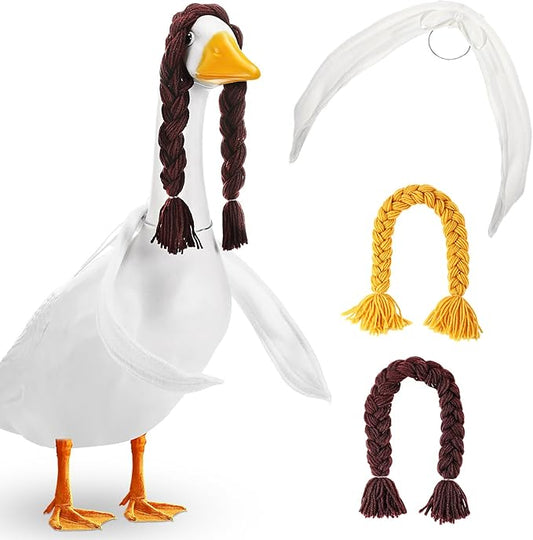4 Pcs Poseable Goose Wings with Wigs Porch Goose Outfit Accessories Cute Goosey Braid Wigs White Poseable Wings for 23/17'' Outdoor Patio Yard Lawn Art Decoration(Farmhouse)