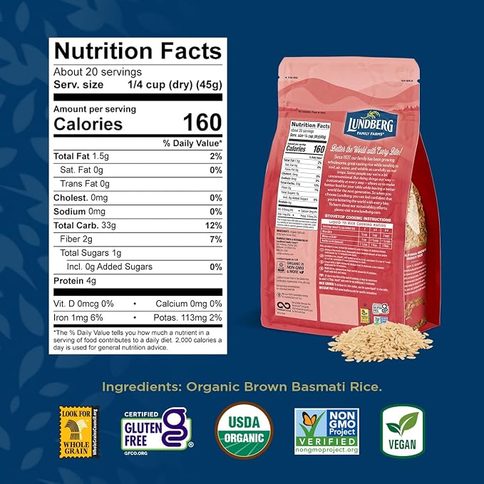 Lundberg Organic Basmati, Long-Grain Brown Rice – Non-Sticky, Fluffy & Aromatic, 32 Oz