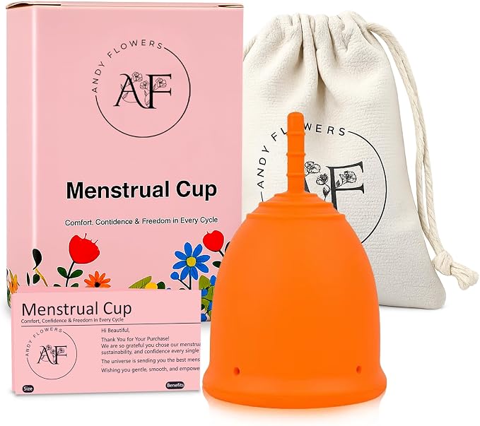 Reusable Menstrual Cup, Medical Grade Silicone Period Cup for Women & Beginners, Eco-Friendly Feminine Hygiene, Leak-Free Comfort for Up to 12 Hours (Small & Large) (Orange, Large)