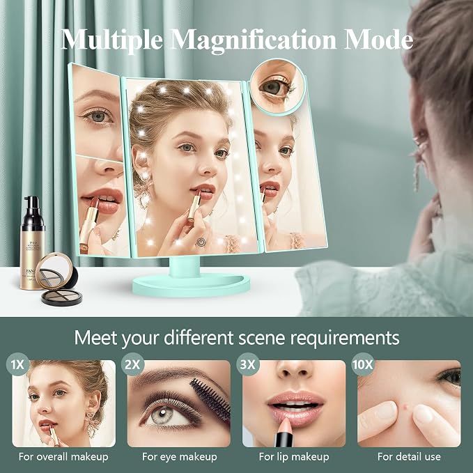 HUONUL Makeup Mirror, Vanity Mirror with Lights, 2X/3X/10X Magnification, Touch Control, Trifold Mirror, Dual Power Supply, Valentines Day, Gifts for Women, Wife, Mom, Teengirls