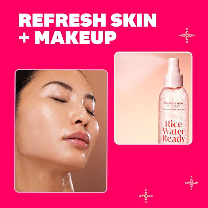 The Face Shop Rice Water Ready Glowy Essence Jelly Mist, Korean Skin Care, Skin Prep for Makeup with Peptides, Hydrating & Boosts Radiance