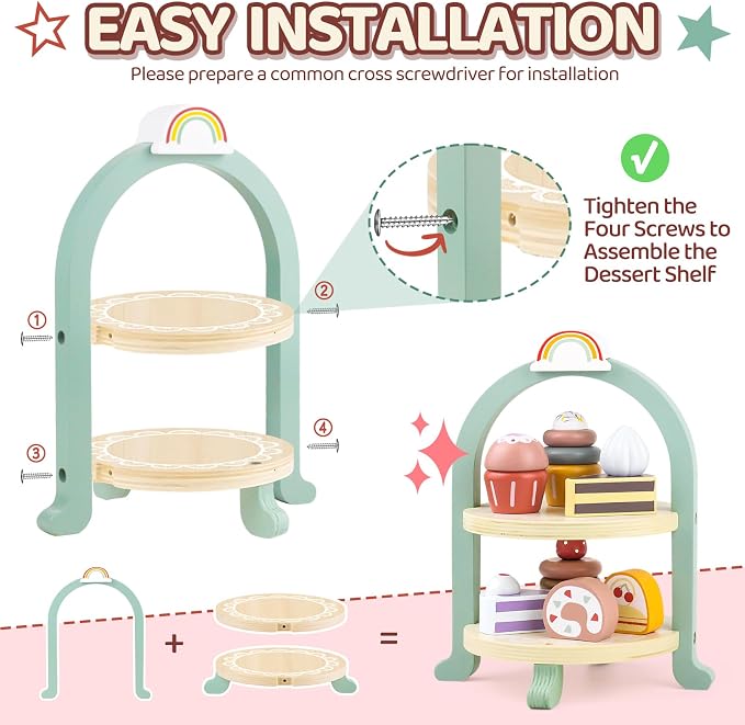 Wooden Cake Toys Tea Party Set, Desserts Food Toy with Cupcake Stand, Kids Pretend Play Kitchen Accessories, Wooden Play Food Set Toy Baking Gift for 3 4 5 Years Old Girls Boys