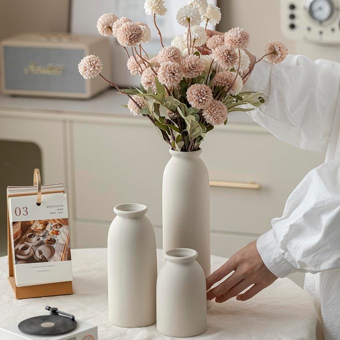 Ceramic Vase Set-3, 10.3 Inch Tall Flower Vases for Decor, Modern Boho Farmhouse Style, Decorative Vases for Pampas Grass & Dried Flowers, Distressed Finish (L Beige)