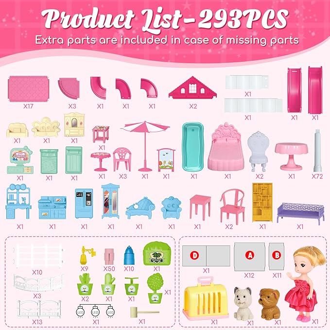 Lehoo Castle Doll House Dreamhome, 4-Story 12 Rooms Dollhouse Playhouse with Doll and Furniture, Pretend Dream Dollhouse Playset Pink Girl Toys, Sturdy Construction, Easy to Move, Ideal Gift Toy
