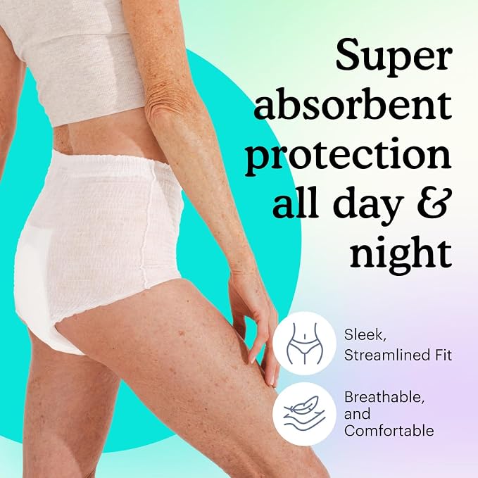 Because Adult Incontinence Underwear for Sensitive Skin - Women - Premium Overnight Disposable Briefs, Anti Odor - White, Small/Medium - Absorbs 6 Cups - 16 Count (Pack of 1)
