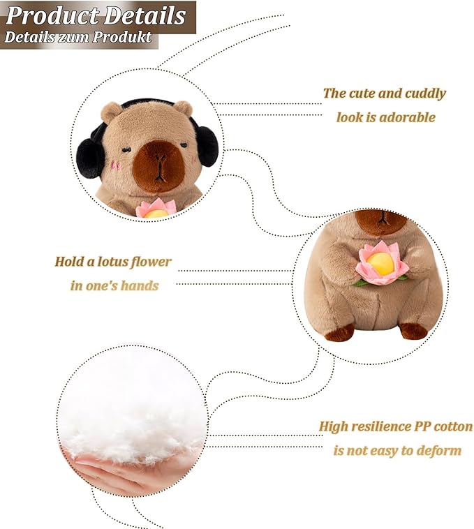 Soft Capybara Plush Doll Pillow with Headphones and Pink Rose, Capybara Stuffed Animal Toy for Kids, Home Decorations Gifts 10 inch