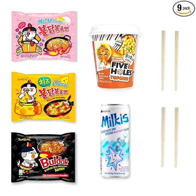 Korean Spicy Ramen Box | 3 Buldak Ramen “Original, Cheese, Carbo +1 Korean Spicy Rice Cake Tteokbokki +1 Korean Sweet Drink + 4 Chopsticks | Korean Food Box Gift - Journey of Korea