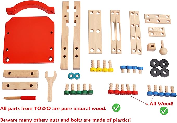 Wooden Nuts and Bolts Set - Construction Work Bench Chair - Wooden Construction Kits for Kids - Compatible with TOWO Nuts Bolts Set