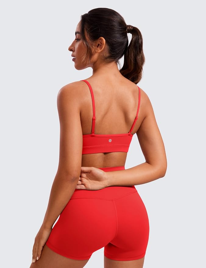 CRZ YOGA Butterluxe V-Neck Sports Bras for Women - Adjustable Thin Straps Padded Yoga Top Basic Wireless Camisole