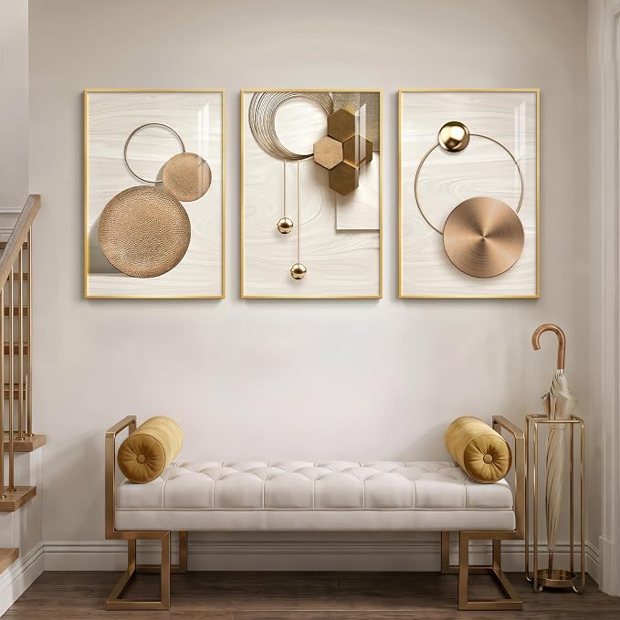 Large Framed Modern Luxury Gold Wall Art for Living Room, 3 Piece Bright Style Art Prints Paintings Artwork for Walls, Bronze Gold Geometric Pictures for Hallway Stair Office Wall Decor 20x30 In
