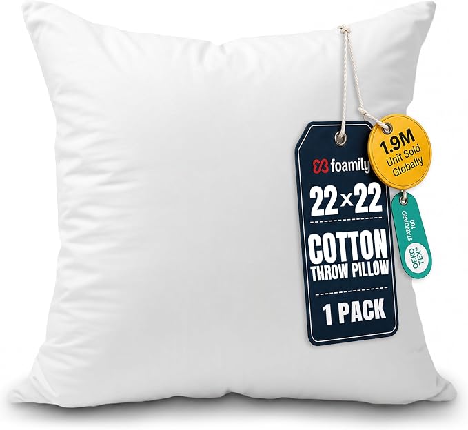 Foamily 22x22 Throw Pillow Insert, 100% Cotton Cover, Down Alternative | Cotton cover, plush down-alternative fill, machine washable Fits 22x22 covers Couch, sofa, bed, nursery décor
