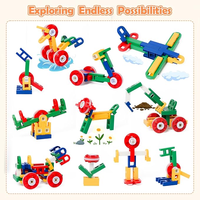 SWER 58Pcs 3D Building Block Toys, Creative Interlocking Connecting Kit, Multicolor STEM Interlocking Toy Set, Montessori Toys for Preschool Kids, Building Toys for Kids Ages 3+, Ideal