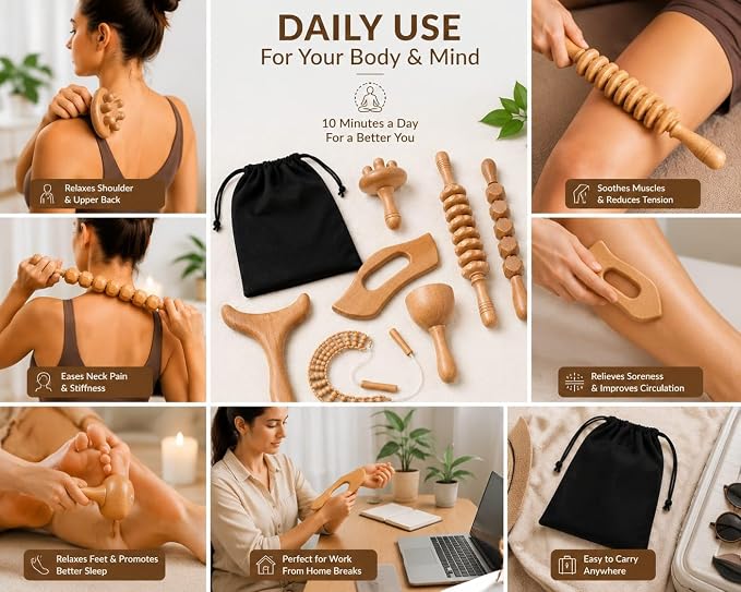7-in-1 Wood Therapy Massage Tools Set, Wood Therapy Kit for Lymphatic Drainage, Maderoterapia Wooden Massager, Anti Cellulite Body Sculpting Roller, Body Contouring Tool for Waist, Legs & Back