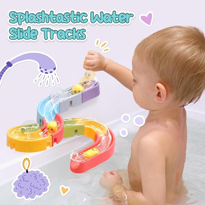 CUTE STONE Baby Bath Toys, No Hole Floating Squirting Bathtub Toy W/ Water Slide Building Track, Duck Fishing Net Game, Toddler Shower Toys, Water& Pool Toys, Educational Gifts for Boys Girls