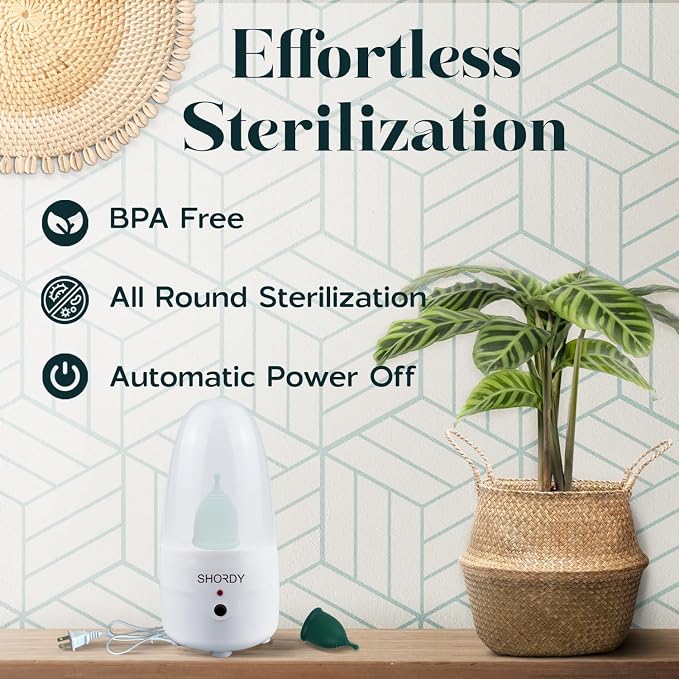 SHORDY Menstrual Cup and Steamer Sterilizer for Beginners Kit Set of 2 Period Cups (Small & Large) Electric Steam Sterilizer Cleaner for Easy Wash Heavy Flow Tampons Pads & Disc Alternative for Women