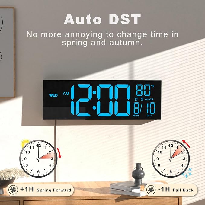 JALL 16" Large Digital Wall Mount Clock, Count Down Timer, Alarm, Big LED, DST, Temperature for Living Room Classroom Desk, Xmas, Birthday Gift for Senior Men Women Mom Dad, Blue
