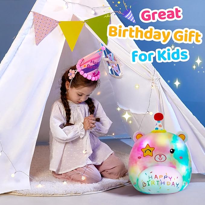 Athoinsu 14" Happy Birthday Light up Musical Bear Plush Pillow Cute Rainbow Stuffed Animal Soft Kawaii Birthday Plushie Star Wink Funny Pillows Home Room Decoration Gifts for Toddlers Kids Girls