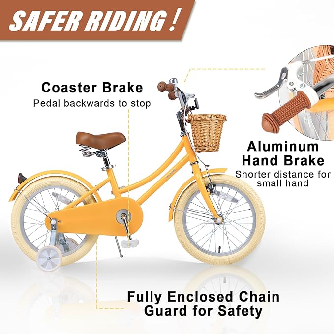 Glerc Little Molly 12-20 Inch Kids Retro Cruiser Bike for 2-13 Year Old with Wicker Basket & Training Wheels/Kickstand, Multiple Colors