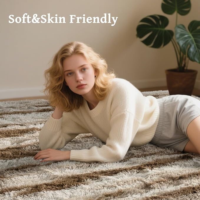 6x9 Ft Fuzzy Rugs for Living Room,Khaki Neutral Bedroom Area Rug Non-Slip,Carpet for Nursery Kids PlayRoom Indoor Modern Plush Carpets