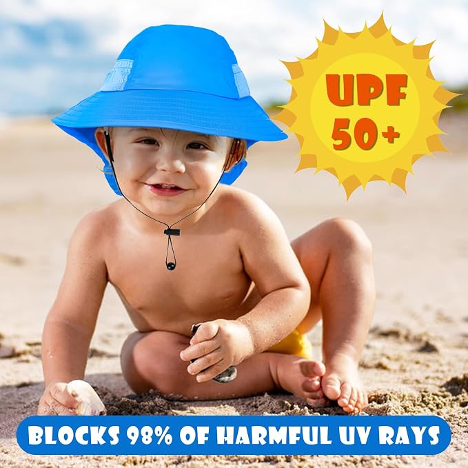 Toddler Baby Sun Hat Kids Summer Beach Essentials Adjustable Beach Hats with Bucket Wide Brim for Boys Girls Age 0-14 Years
