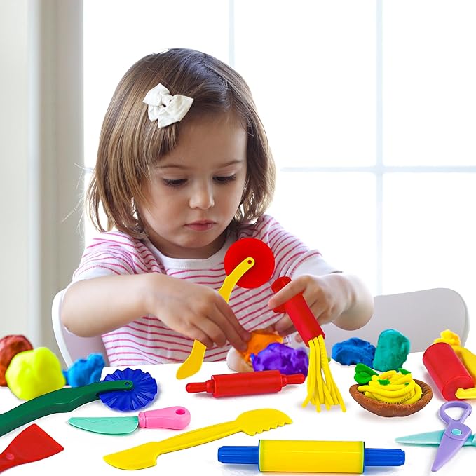 Dough Play Tools Set for Kids, 10 PCS Basic Dough Starter Set with Pizza Cutters, Safety Scissors, Rolling Pin, Roller, Extruder