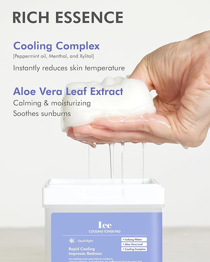 DERMAL Ice Cooling Toner Pad - Korean Soothing & Hydrating Toner Pads with Aloe Vera - After Suncare, Sunburn Relief, Redness Relief - Vegan Square Pads - Travel Kit 12 ea, 3 Pack (Total 36 ea)