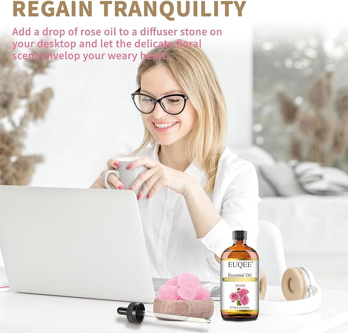 EUQEE Rose Essential Oil 118mL Large Capacity Rose Oil Premium Essential Oil with Glass Dropper for Diffuser, Soap & Candle Making, Aromatherapy - 4Fl. Oz
