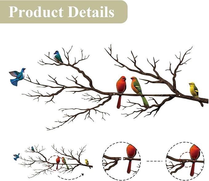 ESTART Metal Birds Wall Art, Metal Vivid Birds on Branch Silhouette Wall Decor Black Leaves with Bird Outdoor Hanging Wall Sculpture for Home Balcony Garden (Vintage Color, Large)