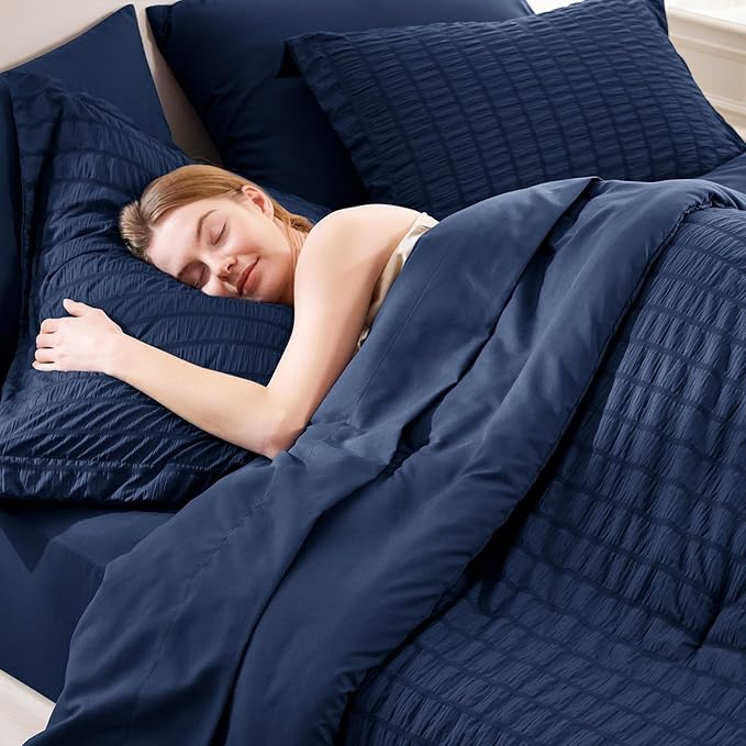 CozyLux Queen Comforter Set Navy Blue Seersucker 7 Pieces Bed in a Bag Queen Comforter Set with Sheets, Luxury Bedding Sets with Down Alternative Comforter, Sheets, Pillowcases & Shams for All Season
