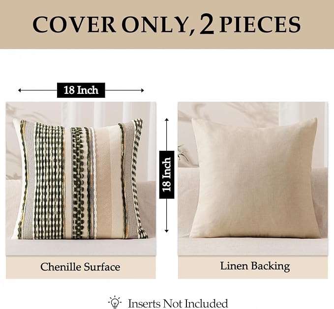 ANRODUO Boho Decorative Pillow Covers Olive Green Stripe 26x26 Pack of 2 | Euro Throw Pillow Covers, Farmhouse Cushion Case, Chenille Pillow Cases, Pillow Covers, Neutral Pillowcase for Sofa Couch Bed