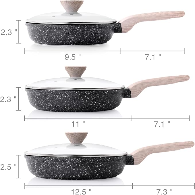 Kordisen Nonstick Frying Pan Set with Lids, 3 Piece Skillet Set, Healthy Induction Cookware Cooking Pan, Stay-Cool Handle, Compatible with All Stovetops, PFOA Free (9.5, 11, 12.5 Inch)