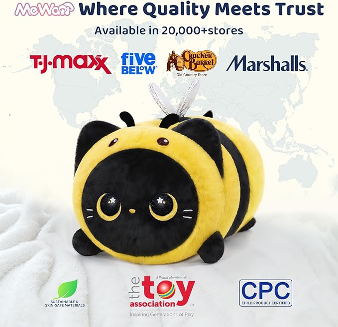 Mewaii Cute Black Cat Bee Plush Pillow, Kawaii Plushies Bee Stuffed Animal Toy, Kitten Plushies with Honeybee Outfit Costume, Soft Squishy Birthday Gifts for Kids & Girls (16 Inch)